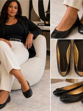 Donna Karan New York Size 10 NWT Black Leather Logo Ballet Flats
